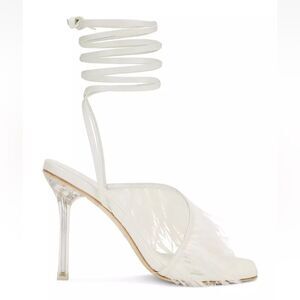 Camila Coelho Minka high heels feather lucite lace up shoes sandals Revolve 6